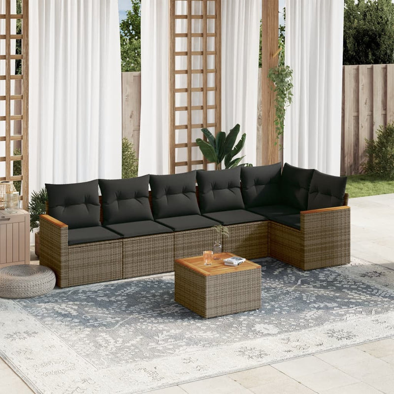 7-tlg. Garten-Sofagarnitur mit Kissen Grau Poly Rattan