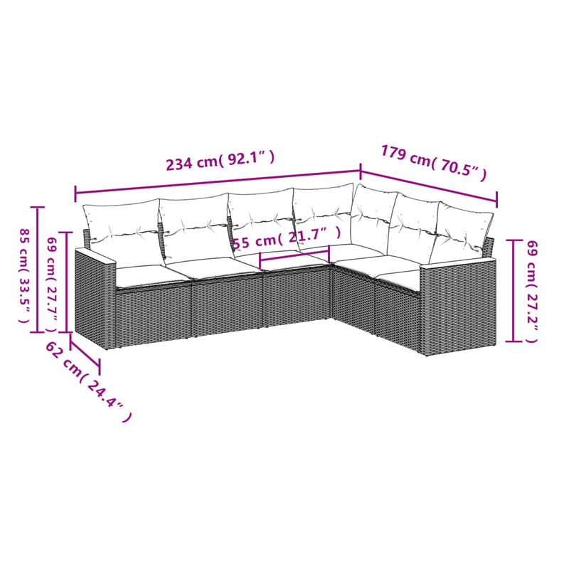 6-tlg. Garten-Sofagarnitur mit Kissen Schwarz Poly Rattan