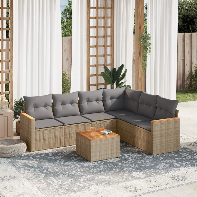 7-tlg. Garten-Sofagarnitur mit Kissen Beige Poly Rattan