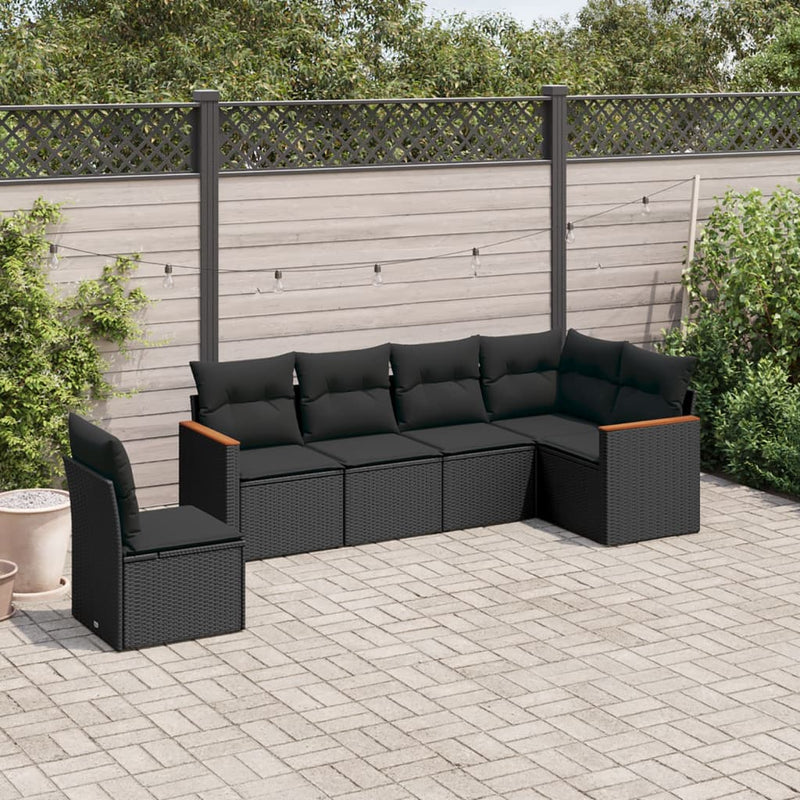 6-tlg. Garten-Sofagarnitur mit Kissen Schwarz Poly Rattan