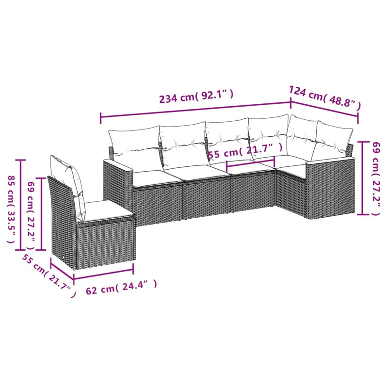 6-tlg. Garten-Sofagarnitur mit Kissen Beige Poly Rattan