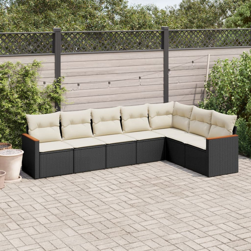 7-tlg. Garten-Sofagarnitur mit Kissen Schwarz Poly Rattan