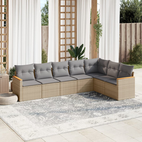 7-tlg. Garten-Sofagarnitur mit Kissen Beige Poly Rattan