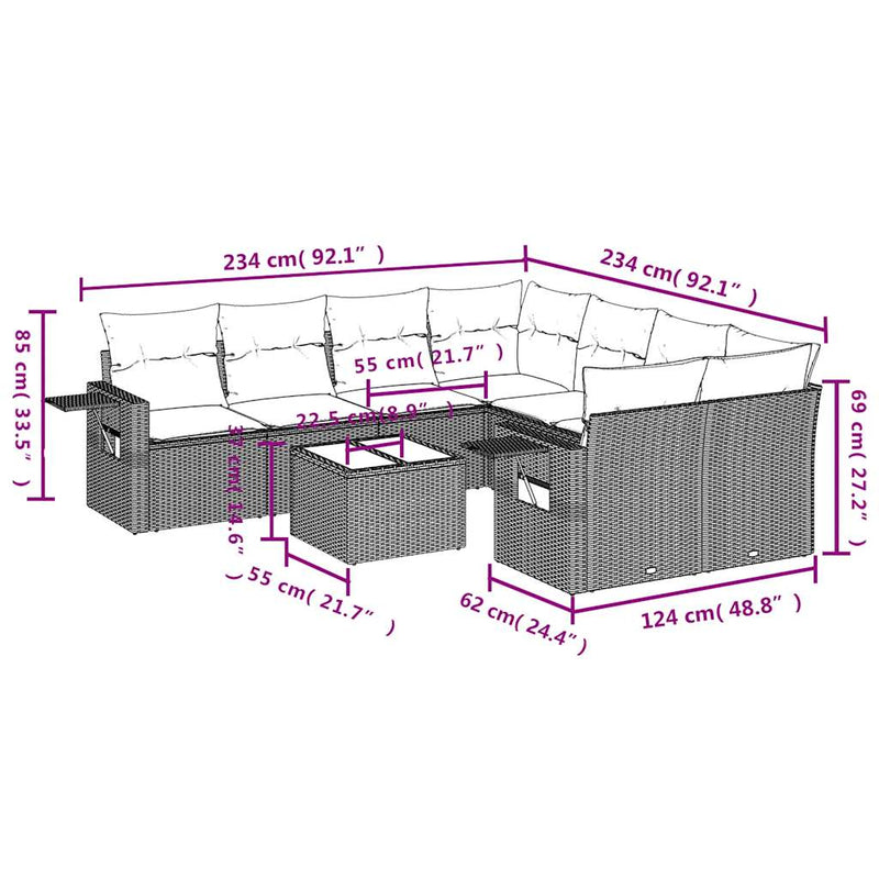 9-tlg. Garten-Sofagarnitur mit Kissen Schwarz Poly Rattan