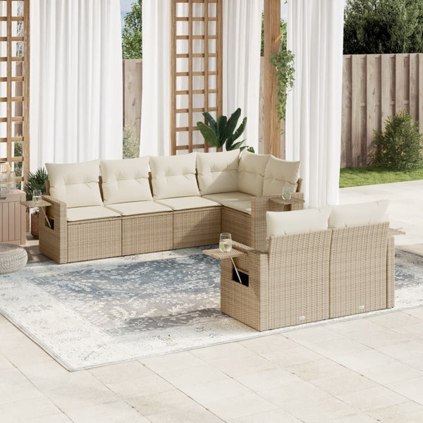 7-tlg. Garten-Sofagarnitur mit Kissen Beige Poly Rattan