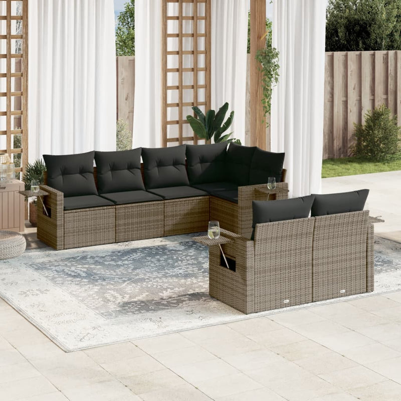 7-tlg. Garten-Sofagarnitur mit Kissen Grau Poly Rattan