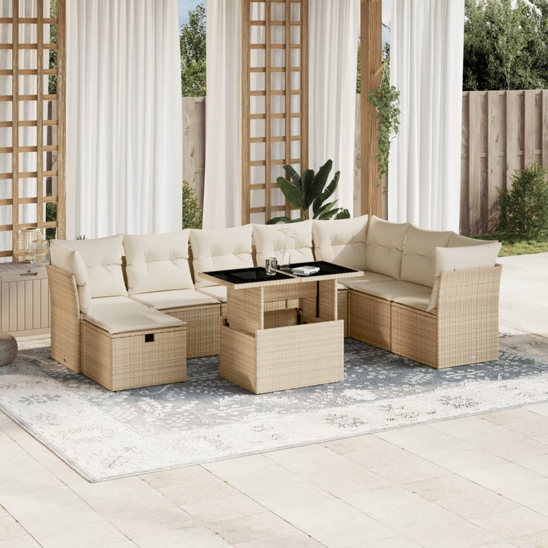 9-tlg. Garten-Sofagarnitur mit Kissen Beige Poly Rattan