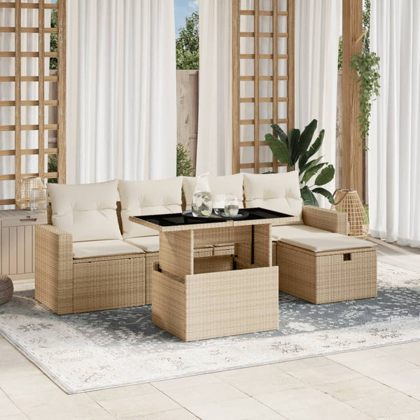 6-tlg. Garten-Sofagarnitur mit Kissen Beige Poly Rattan