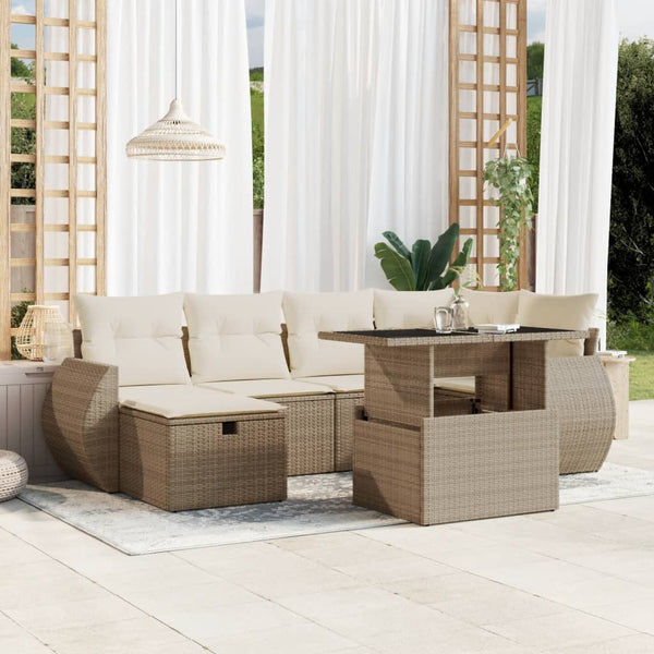 7-tlg. Garten-Sofagarnitur mit Kissen Beige Poly Rattan