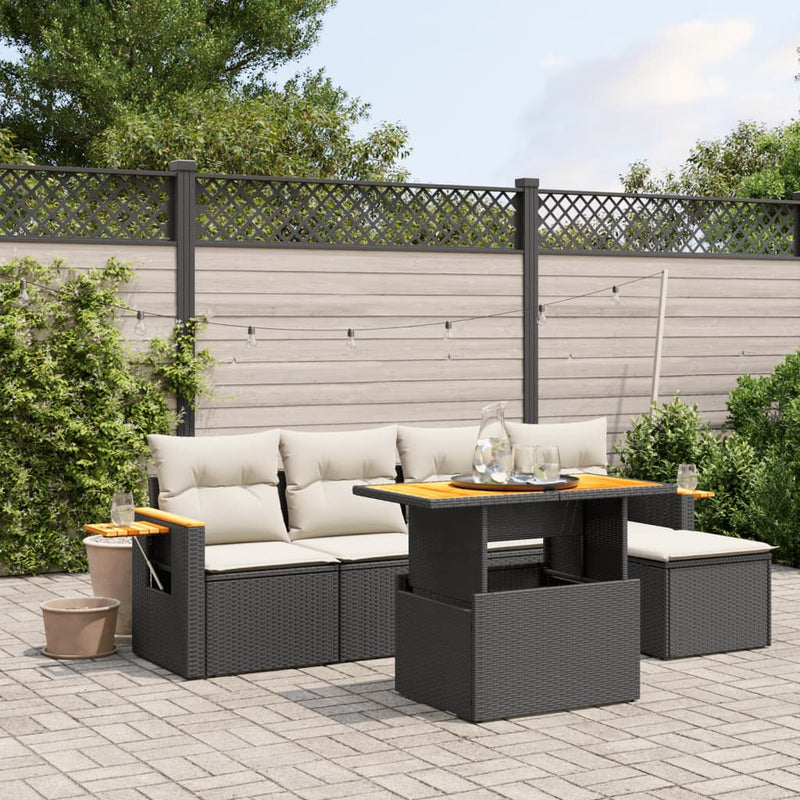 6-tlg. Garten-Sofagarnitur mit Kissen Schwarz Poly Rattan