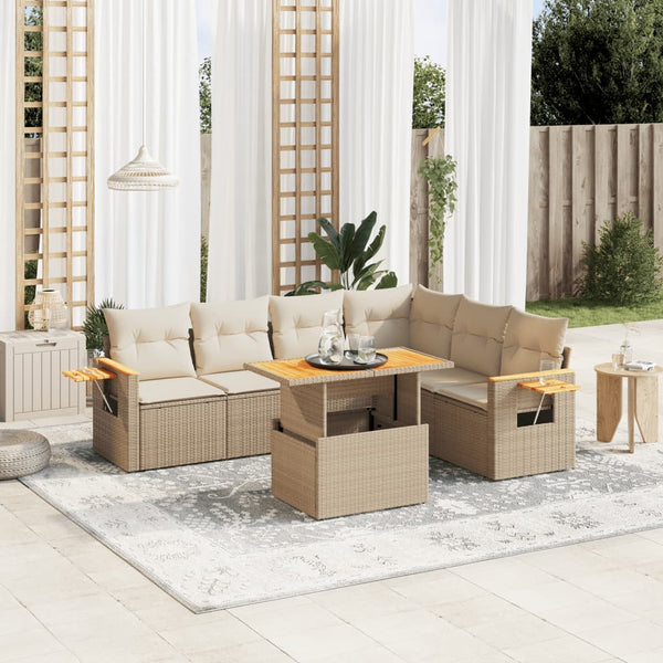 7-tlg. Garten-Sofagarnitur mit Kissen Beige Poly Rattan