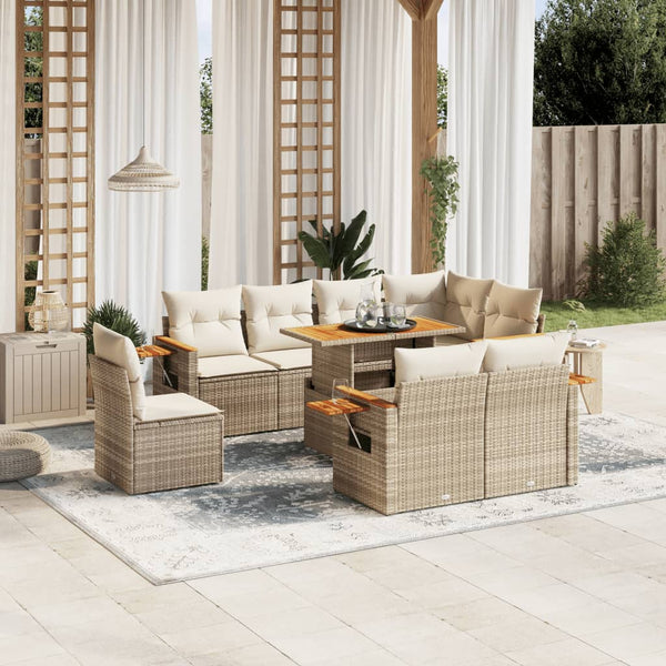9-tlg. Garten-Sofagarnitur mit Kissen Beige Poly Rattan