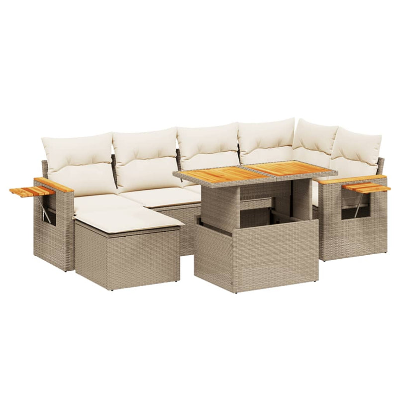 7-tlg. Garten-Sofagarnitur mit Kissen Beige Poly Rattan