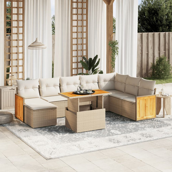 9-tlg. Garten-Sofagarnitur mit Kissen Beige Poly Rattan
