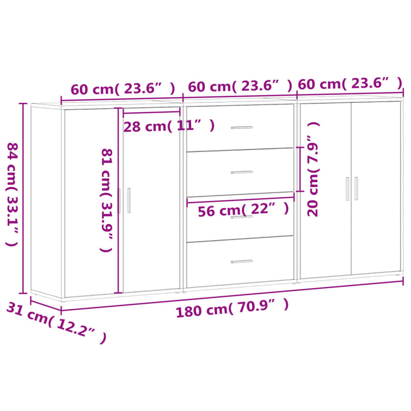 Sideboards 3 Stk. Weiß 60x31x84 cm Holzwerkstoff