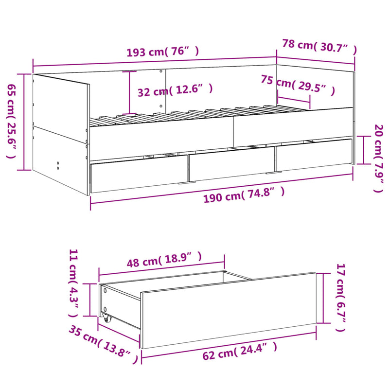 Tagesbett Schubladen Braun Eiche-Optik 75x190 cm Holzwerkstoff