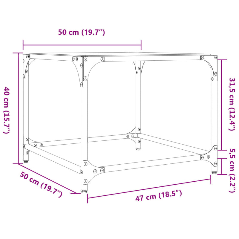 Couchtisch mit Glasplatte Transparent 50x50x40 cm Stahl