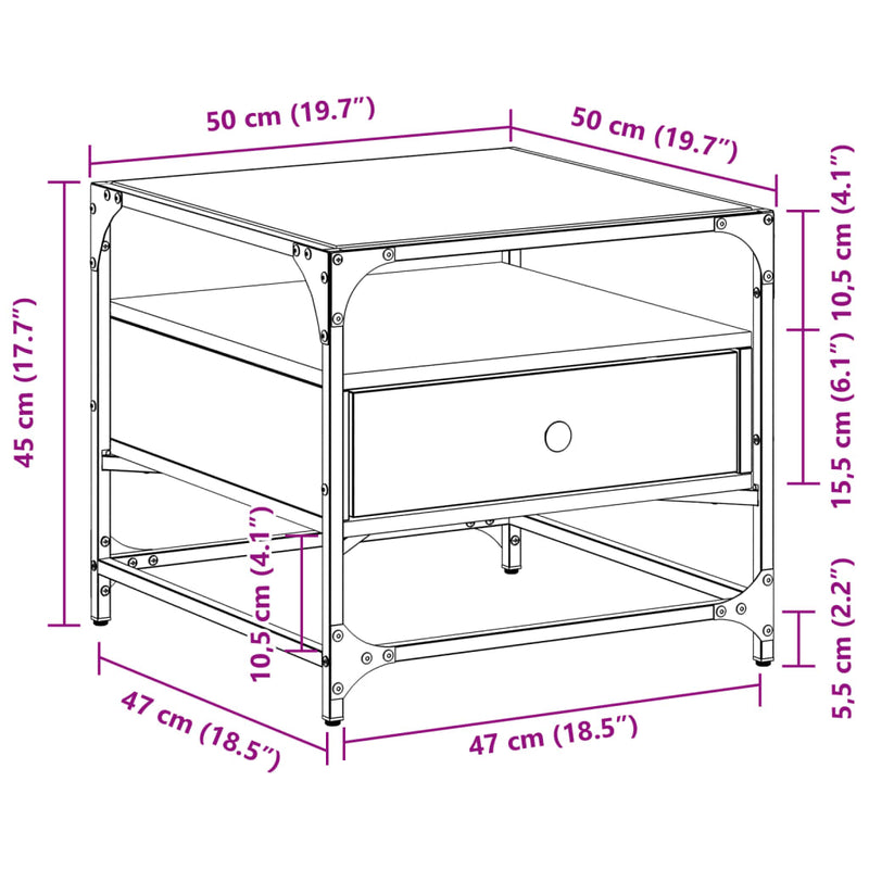 Couchtisch mit Glasplatte Sonoma-Eiche 50x50x45 cm Stahl