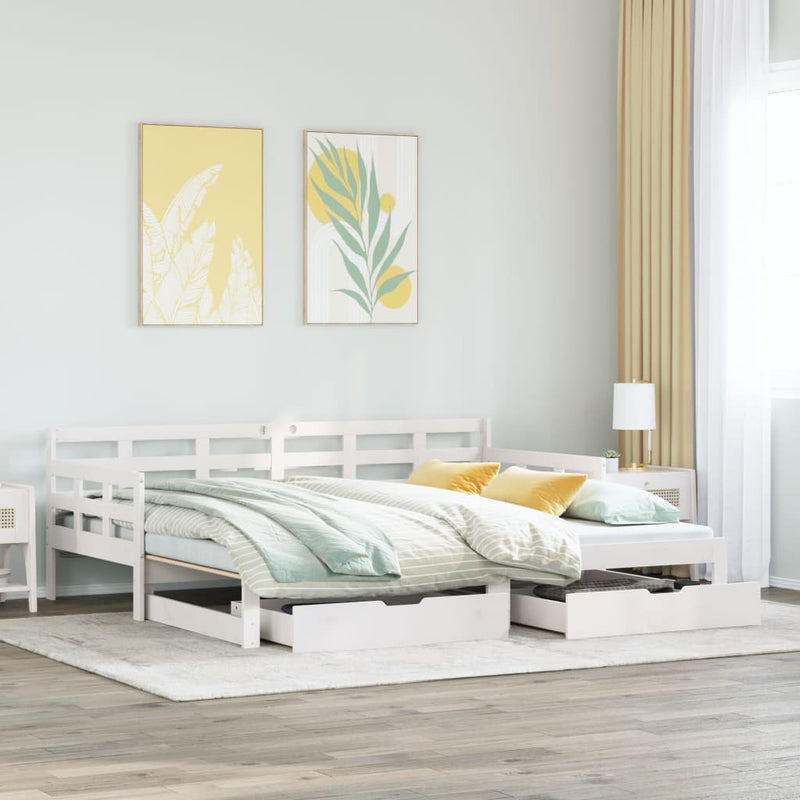 Tagesbett Ausziehbar mit Schubladen Weiß 90x200 cm Kiefernholz
