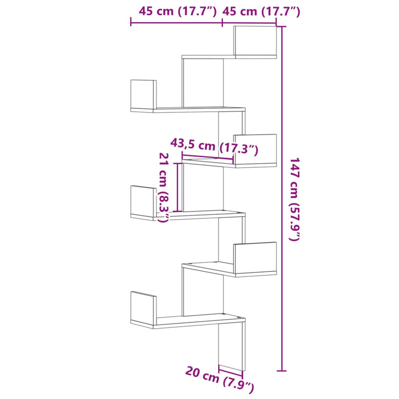 Wand-Eckregal Grau Sonoma 45x45x147 cm Holzwerkstoff