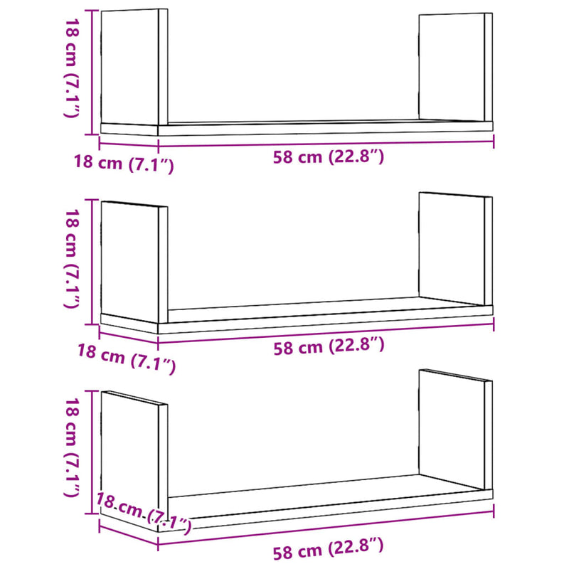 Wandregale 3 Stk. Betongrau 58x18x18 cm Holzwerkstoff