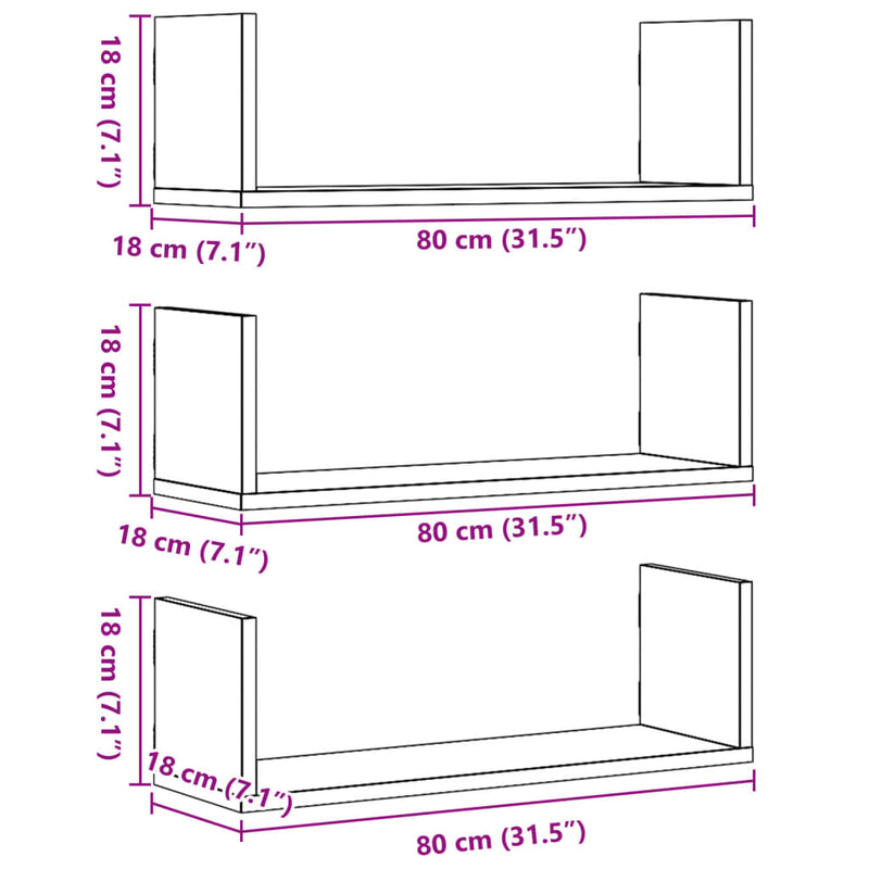 Wandregale 3 Stk. Altholz-Optik 80x18x18 cm Holzwerkstoff