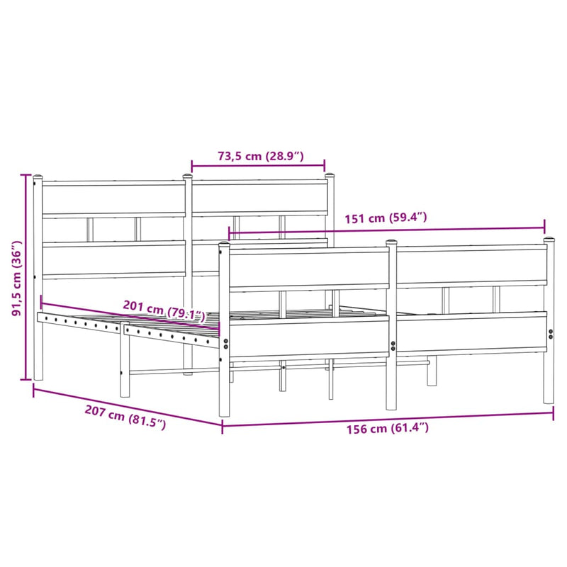 Metallbett ohne Matratze Sonoma-Eiche 150x200 cm