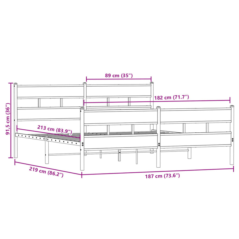 Metallbett ohne Matratze Sonoma-Eiche 183x213 cm