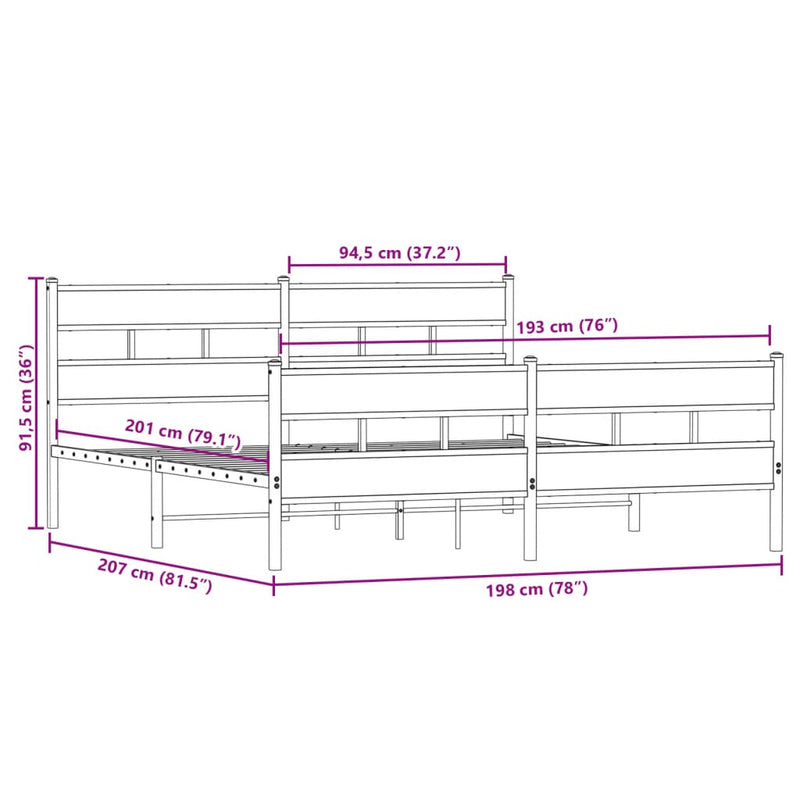 Metallbett ohne Matratze Sonoma-Eiche 193x203 cm