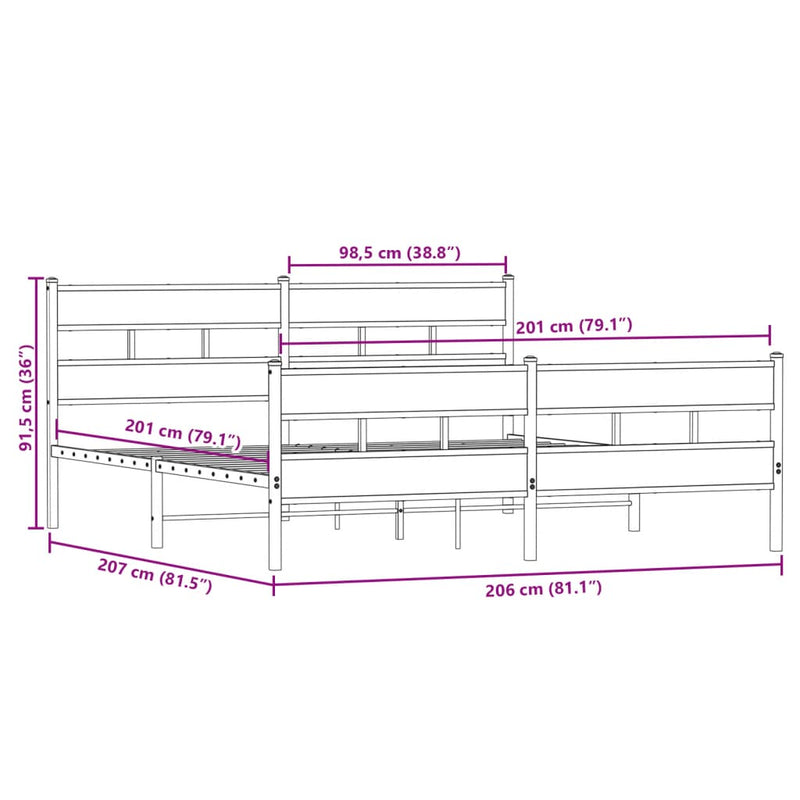 Metallbett ohne Matratze Sonoma-Eiche 200x200 cm