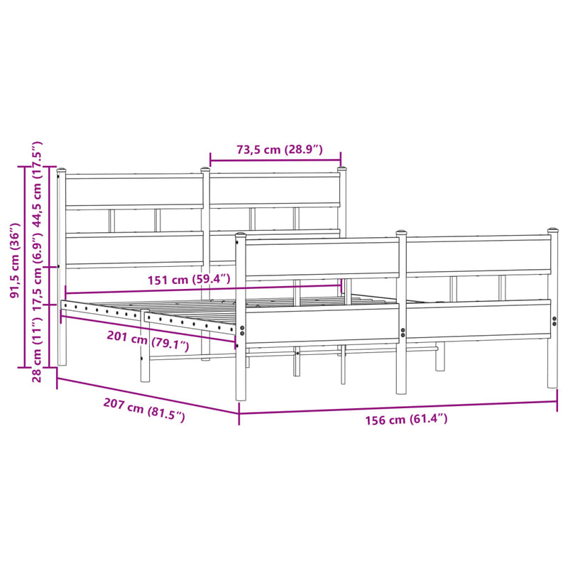 Metallbett ohne Matratze Braun Eichen-Optik 150x200 cm