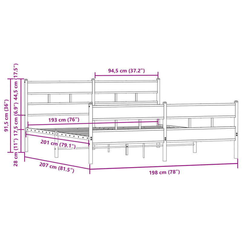 Metallbett ohne Matratze Braun Eichen-Optik 193x203 cm