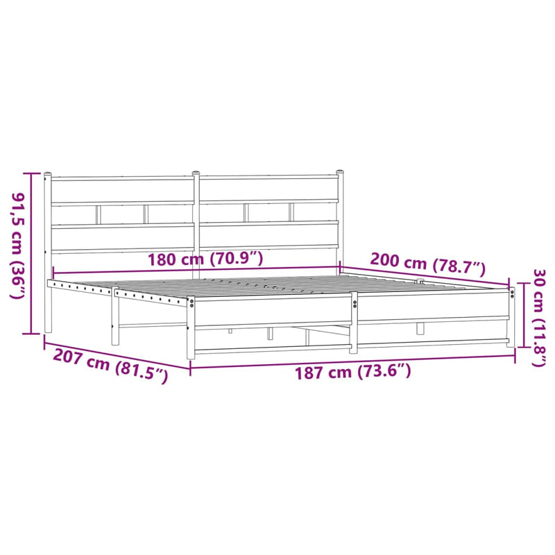 Metallbett ohne Matratze Braun Eichen-Optik 180x200 cm