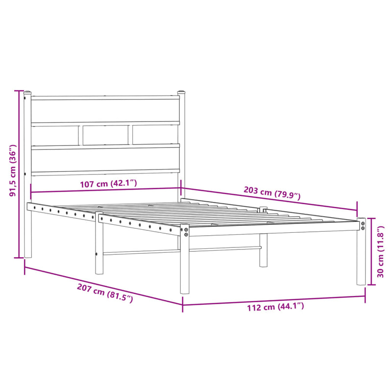 Metallbett ohne Matratze Sonoma-Eiche 107x203 cm