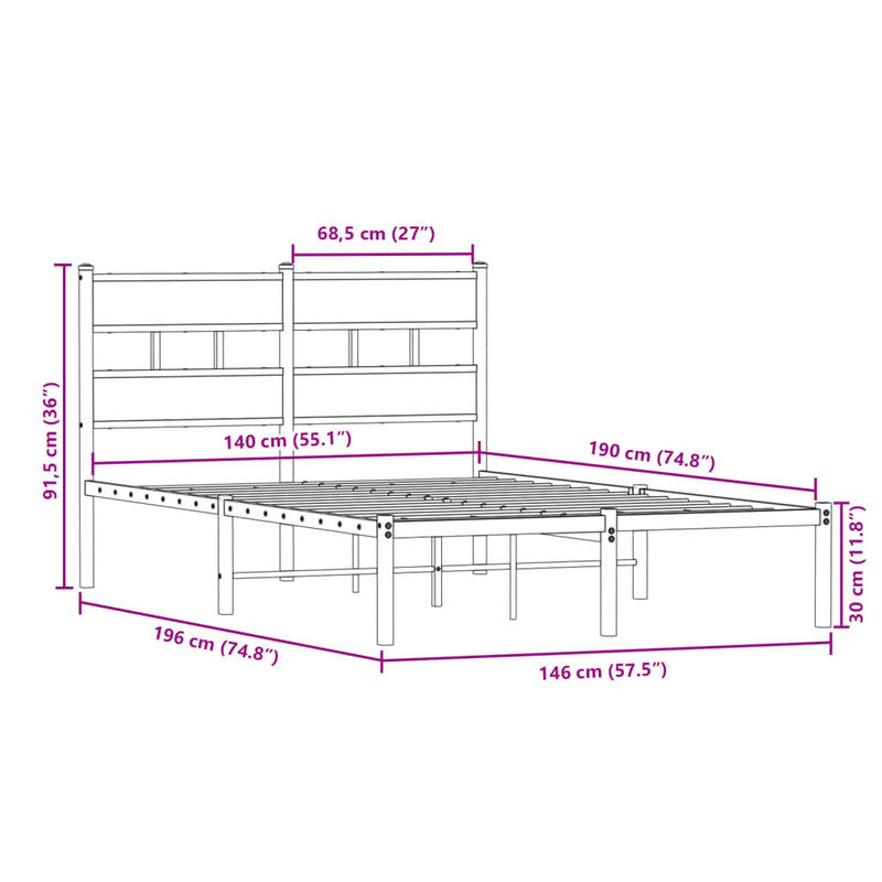 Metallbett ohne Matratze Sonoma-Eiche 140x190 cm