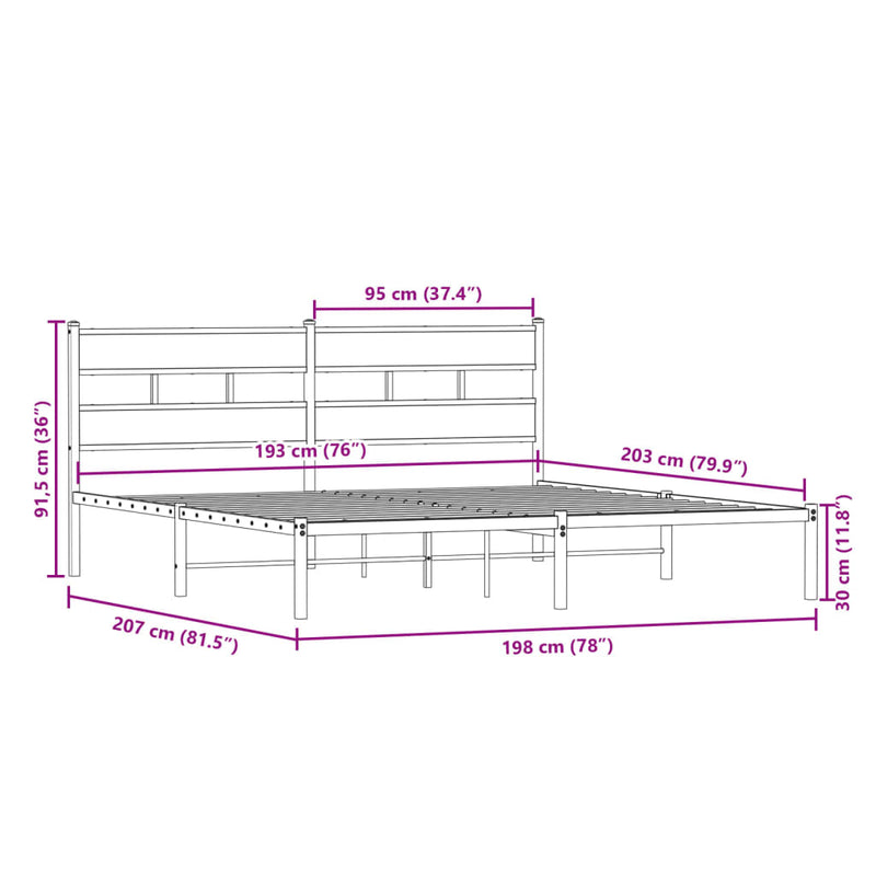 Metallbett ohne Matratze Sonoma-Eiche 193x203 cm