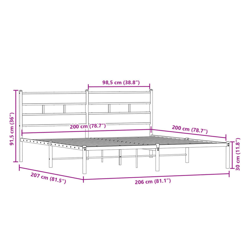 Metallbett ohne Matratze Sonoma-Eiche 200x200 cm