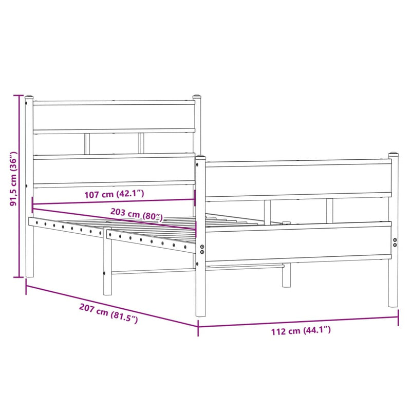 Metallbett ohne Matratze Sonoma-Eiche 107x203 cm