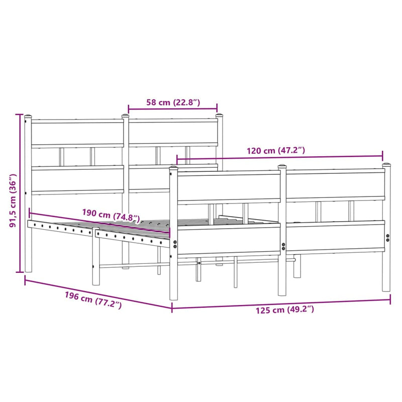 Metallbett ohne Matratze Sonoma-Eiche 120x190 cm