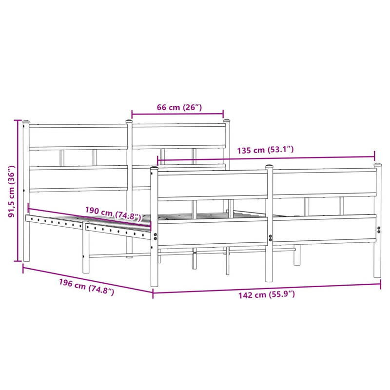 Metallbett ohne Matratze Sonoma-Eiche 135x190 cm