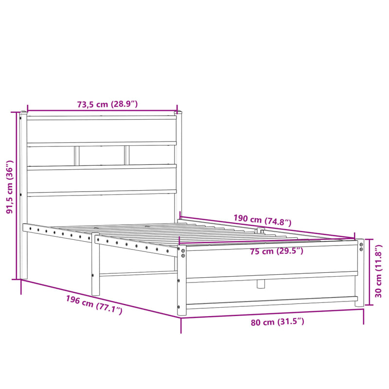 Metallbett ohne Matratze Sonoma-Eiche 75x190 cm