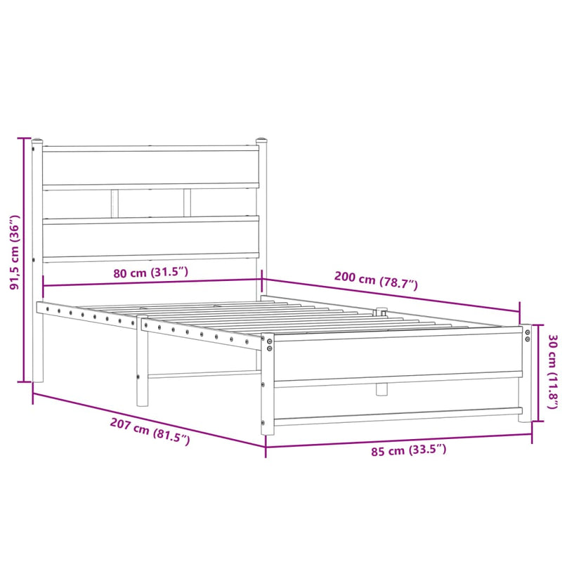 Metallbett ohne Matratze Sonoma-Eiche 80x200 cm