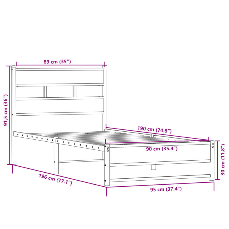 Metallbett ohne Matratze Sonoma-Eiche 90x190 cm