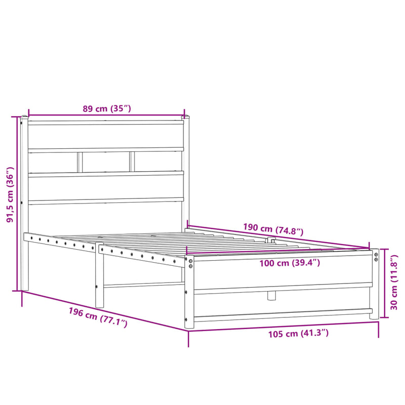 Metallbett ohne Matratze Sonoma-Eiche 100x190 cm