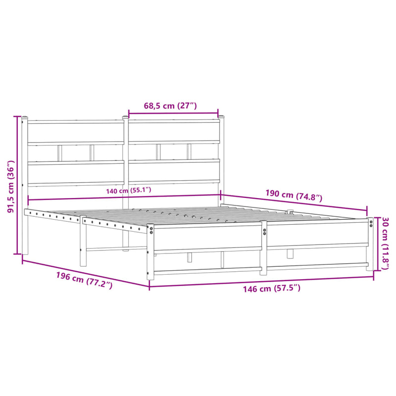 Metallbett ohne Matratze Sonoma-Eiche 140x190 cm