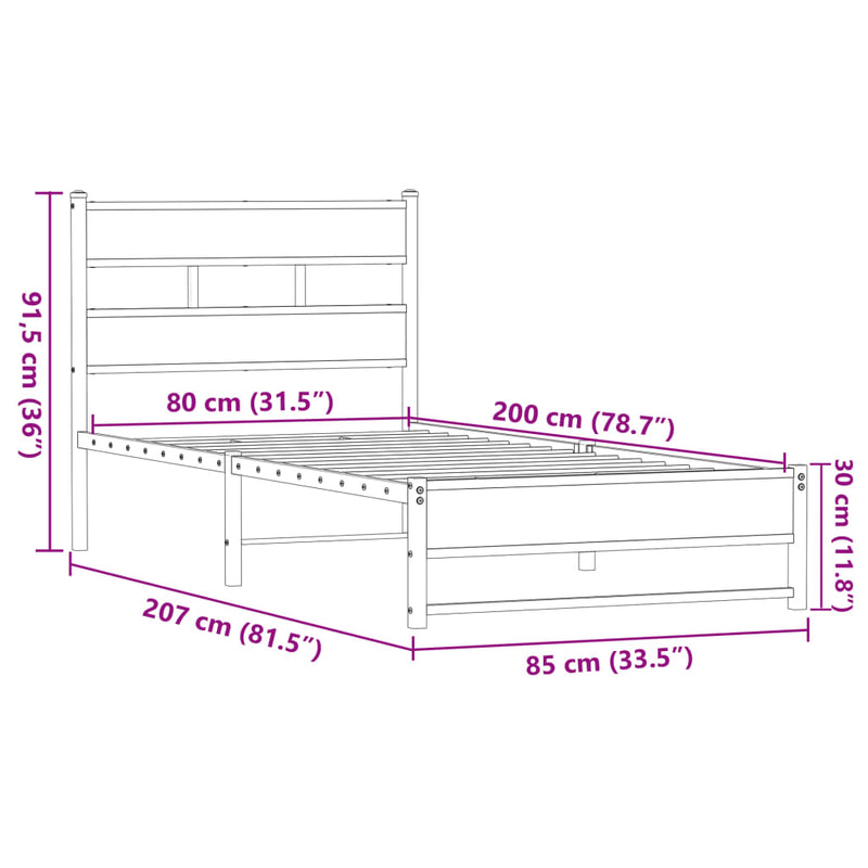 Metallbett ohne Matratze Eichen-Optik 80x200 cm