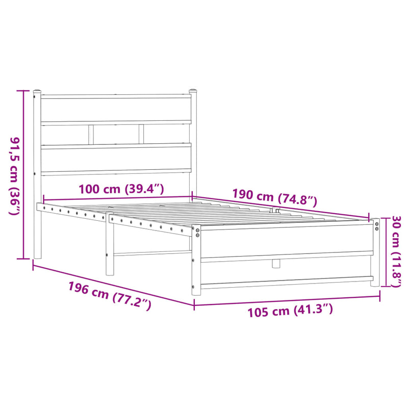 Metallbett ohne Matratze Eichen-Optik 100x190 cm