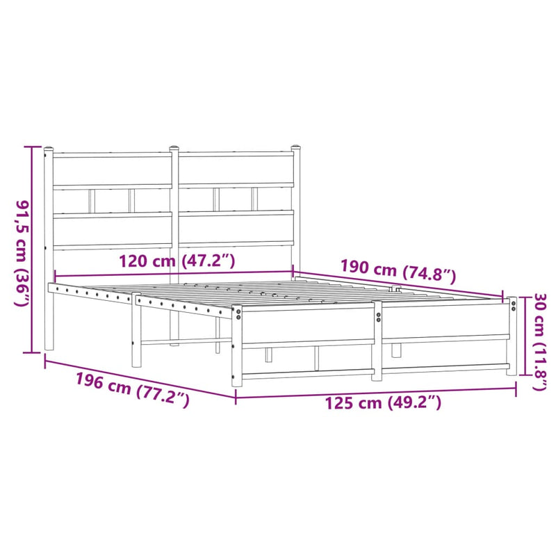 Metallbett ohne Matratze Eichen-Optik 120x190 cm