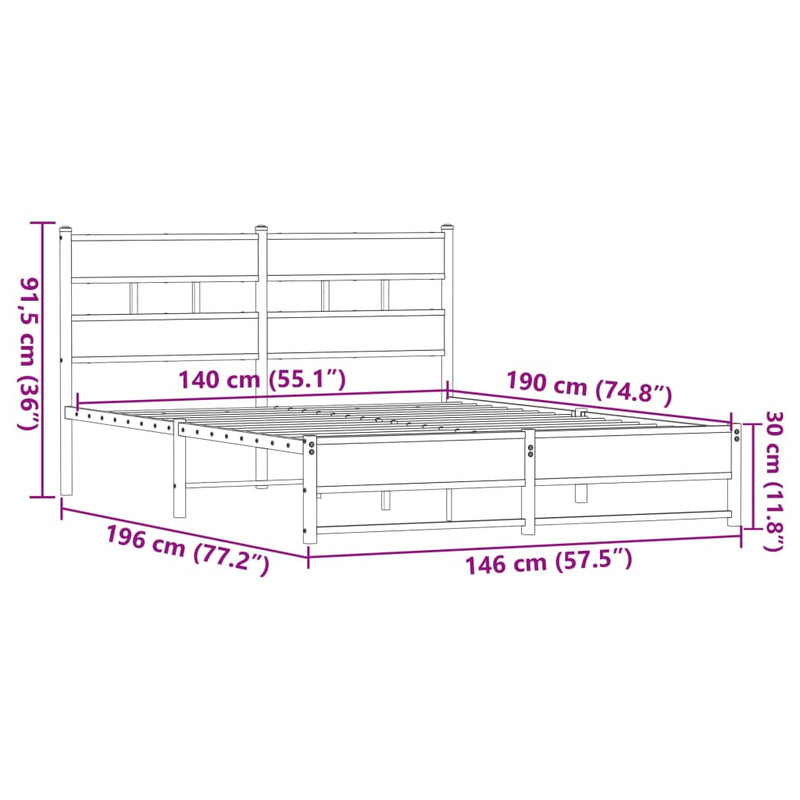 Metallbett ohne Matratze Eichen-Optik 140x190 cm