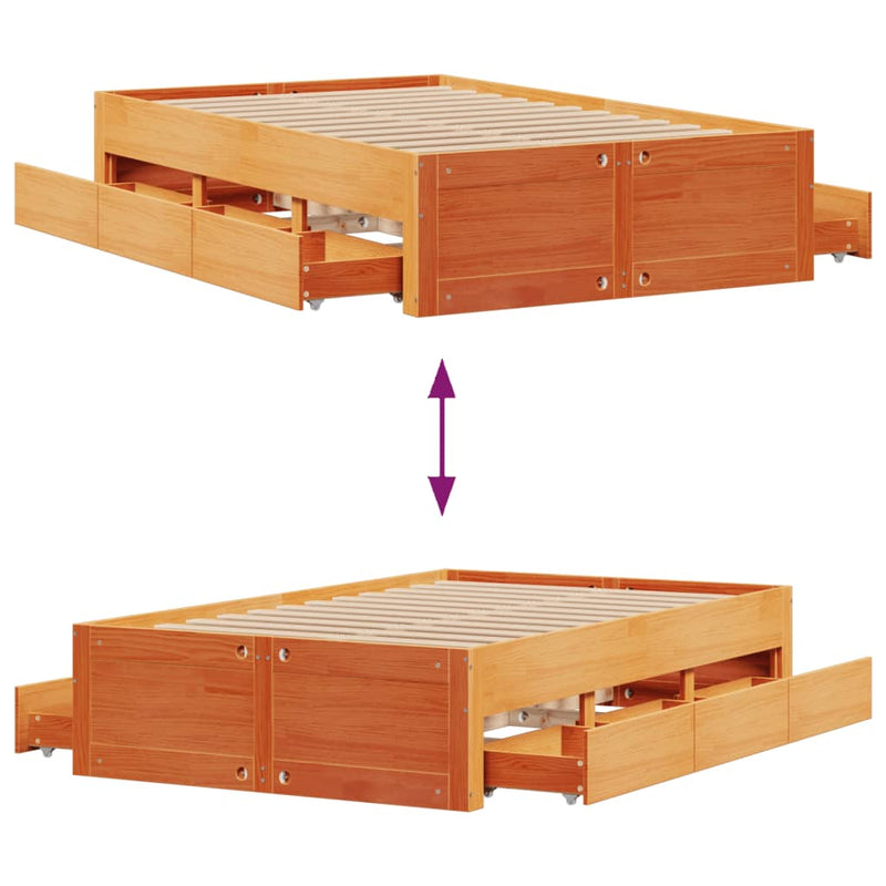 Massivholzbett ohne Matratze mit Schubladen Braun 120x190 cm